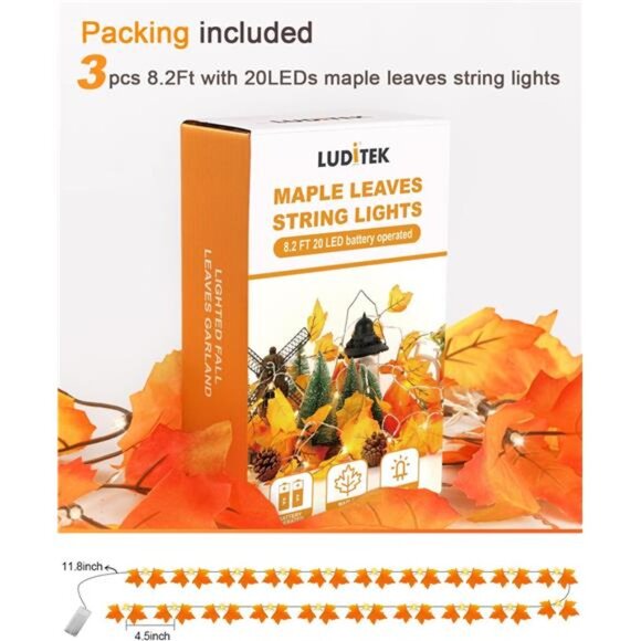 Fall Decor 3-Pack Fall Leaf Garland with Lights, Total 24.6ft 60 LED Halloween - Picture 7 of 8